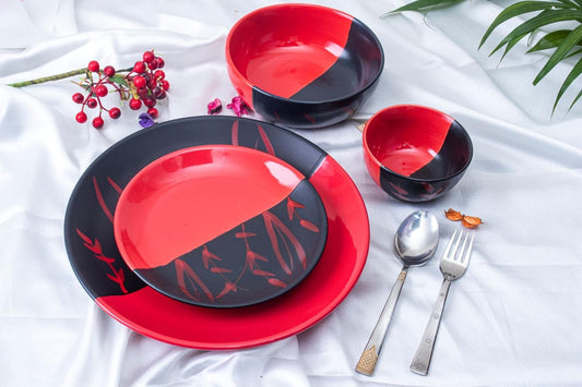 Caffeine Ceramic Handmade Half Red & Black Bamboo Combo Dinner Set 3 pcs.(1 Dinner Plate,1 Quarter Plate 1 Katori Bowl)