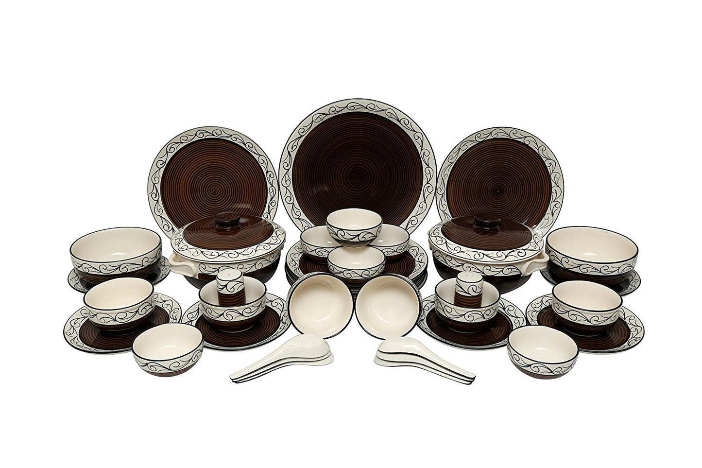 Caffeine Ceramic Handmade Brown Doodle Dinner Set (37 pcs Microwave Safe & Dishwasher Safe) - Caffeine Premium Stoneware