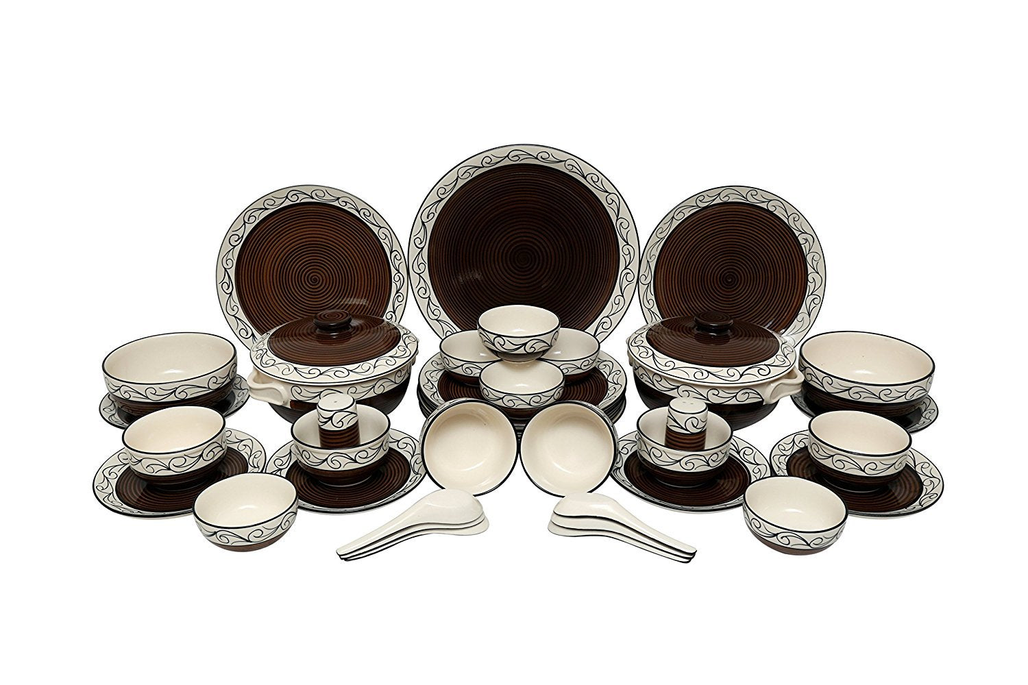 Caffeine Ceramic Handmade Brown Doodle Dinner Set (37 pcs Microwave Safe & Dishwasher Safe) - Caffeine Premium Stoneware