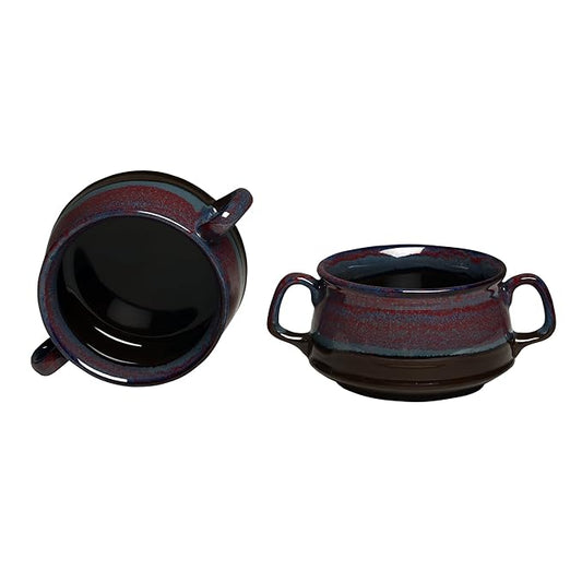 Caffeine Ceramic Handmade Magenta Multi Studio Double Handle Soup Bowls with Spoon (Set of 2) - Caffeine Premium Stoneware