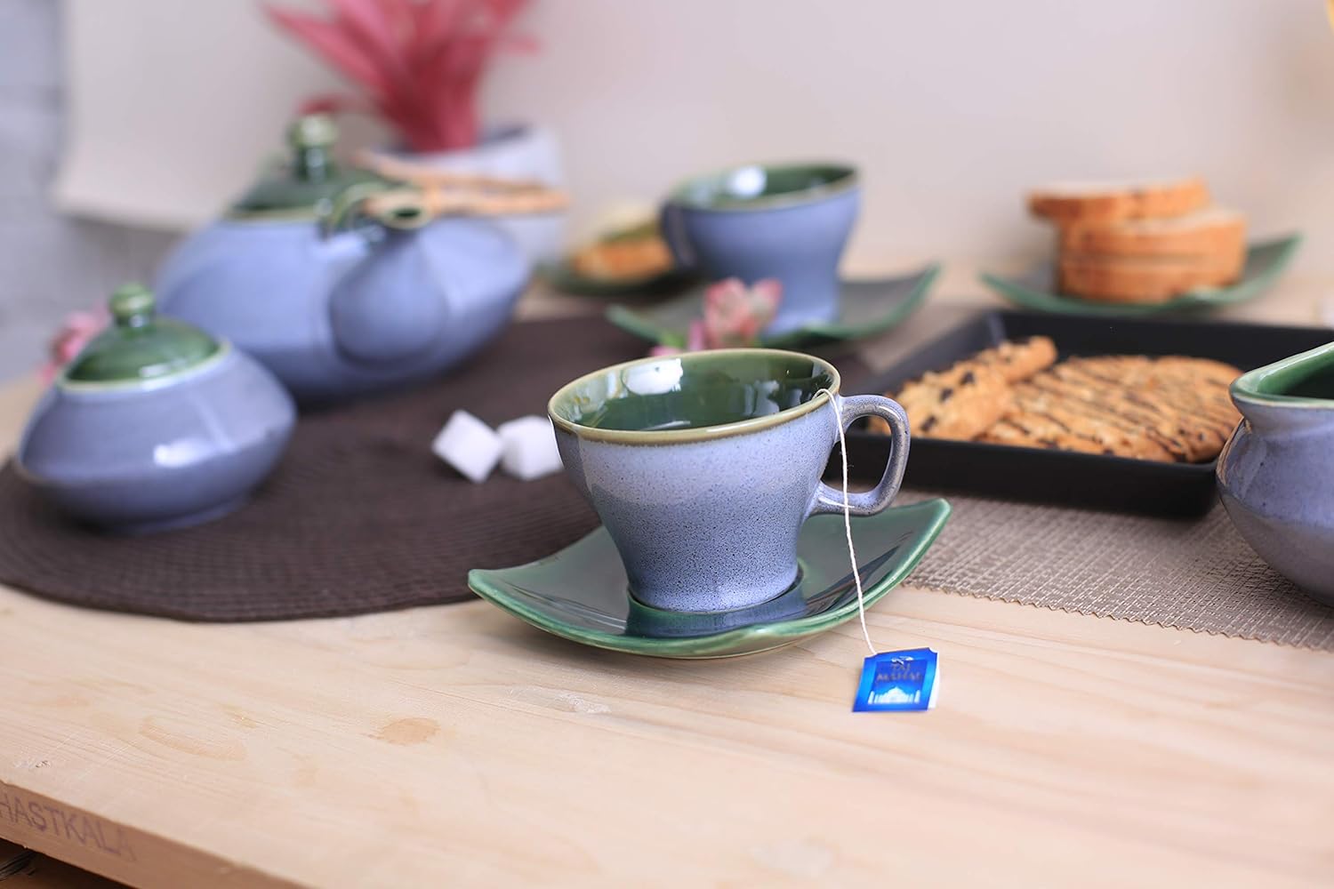 Caffeine Ceramic Handmade Stoneware Blue and Green Ferrous Studio Tea Set of 15 - Caffeine Premium Stoneware