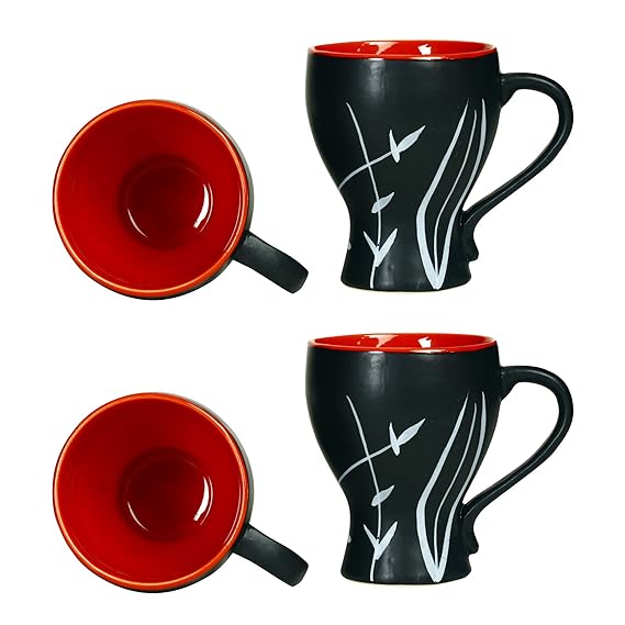 Caffeine Ceramic Handmade Red & Black Leaf Coffee Mug (Set of 4) - Caffeine Premium Stoneware