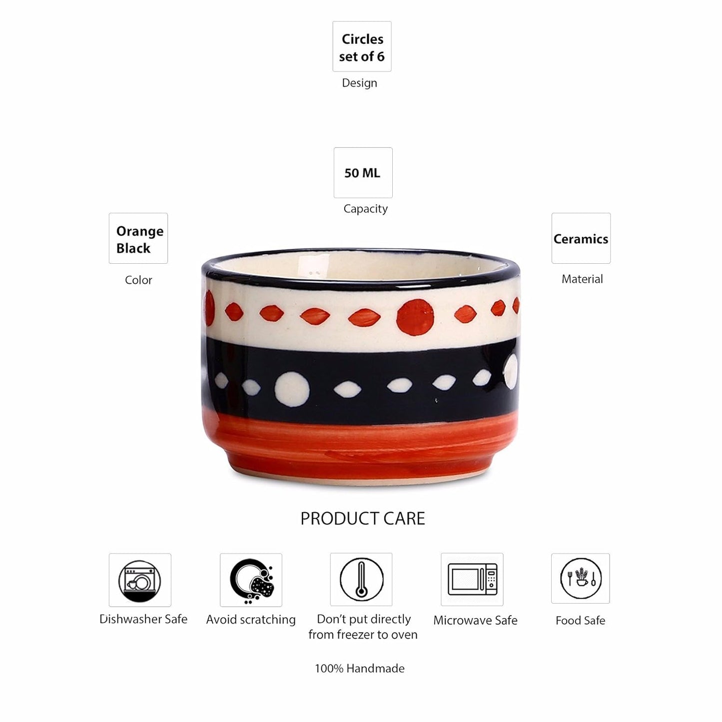 Caffeine Ceramic Stoneware Handmade Red & Black Dotted Dip and Sauce (Set of 6, 50 ml) (Microwave & Dishwasher Safe) - Caffeine Premium Stoneware