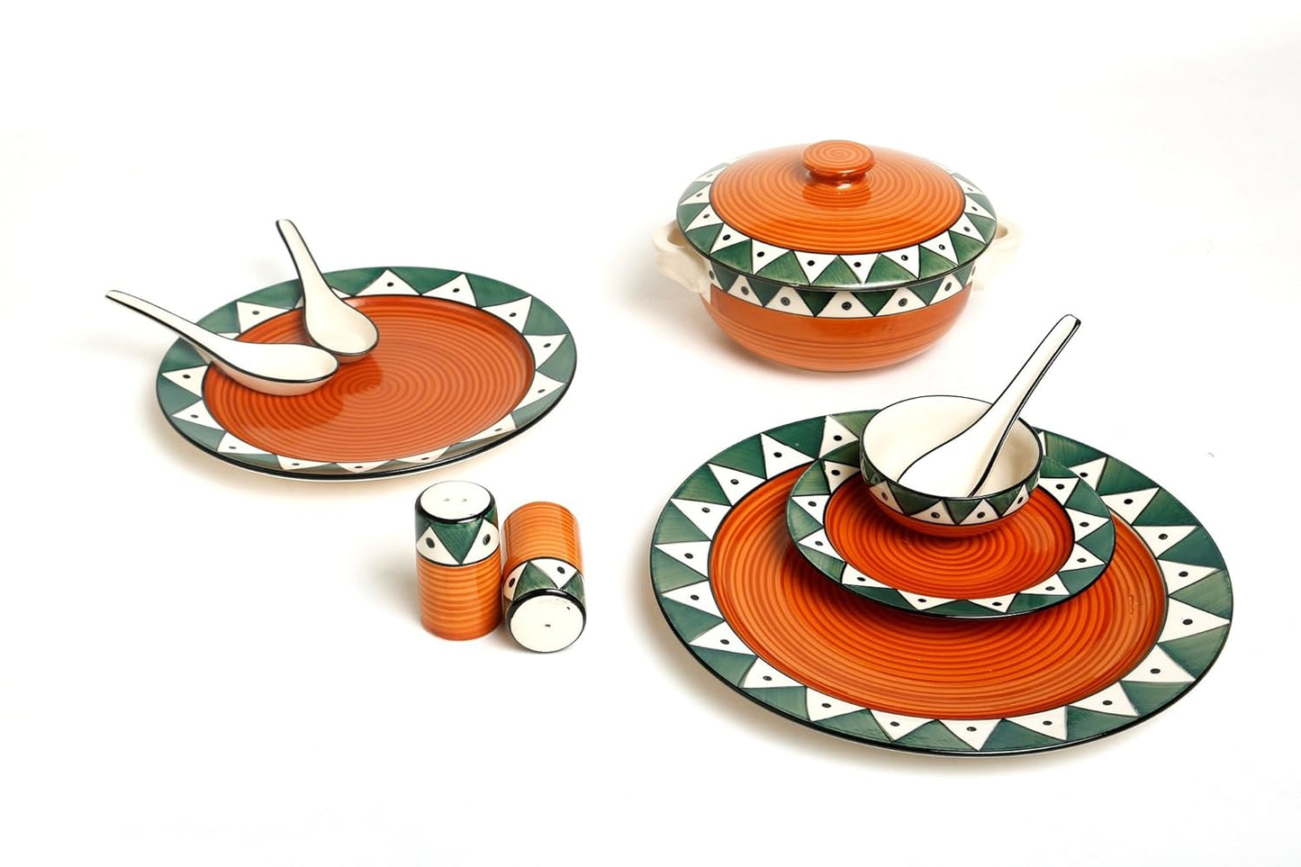 Caffeine Ceramic Handmade Green and Orange Dinner Set (37 pcs) - Caffeine Premium Stoneware