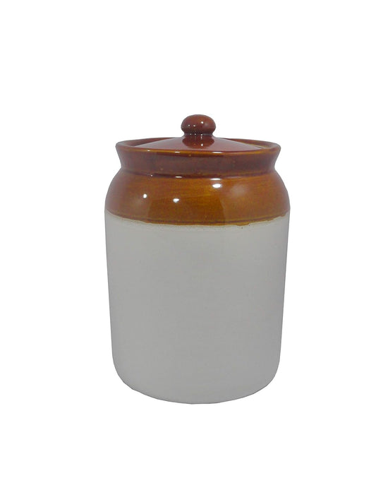 Caffeine Ceramic Stoneware Handmade Mustard And White Barni/Pickle Jar (Set of 1) - Caffeine Premium Stoneware