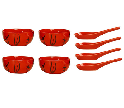 Caffeine Ceramic Handmade red Bamboo Soup Bowl with Spoon Set  4 - Caffeine Premium Stoneware