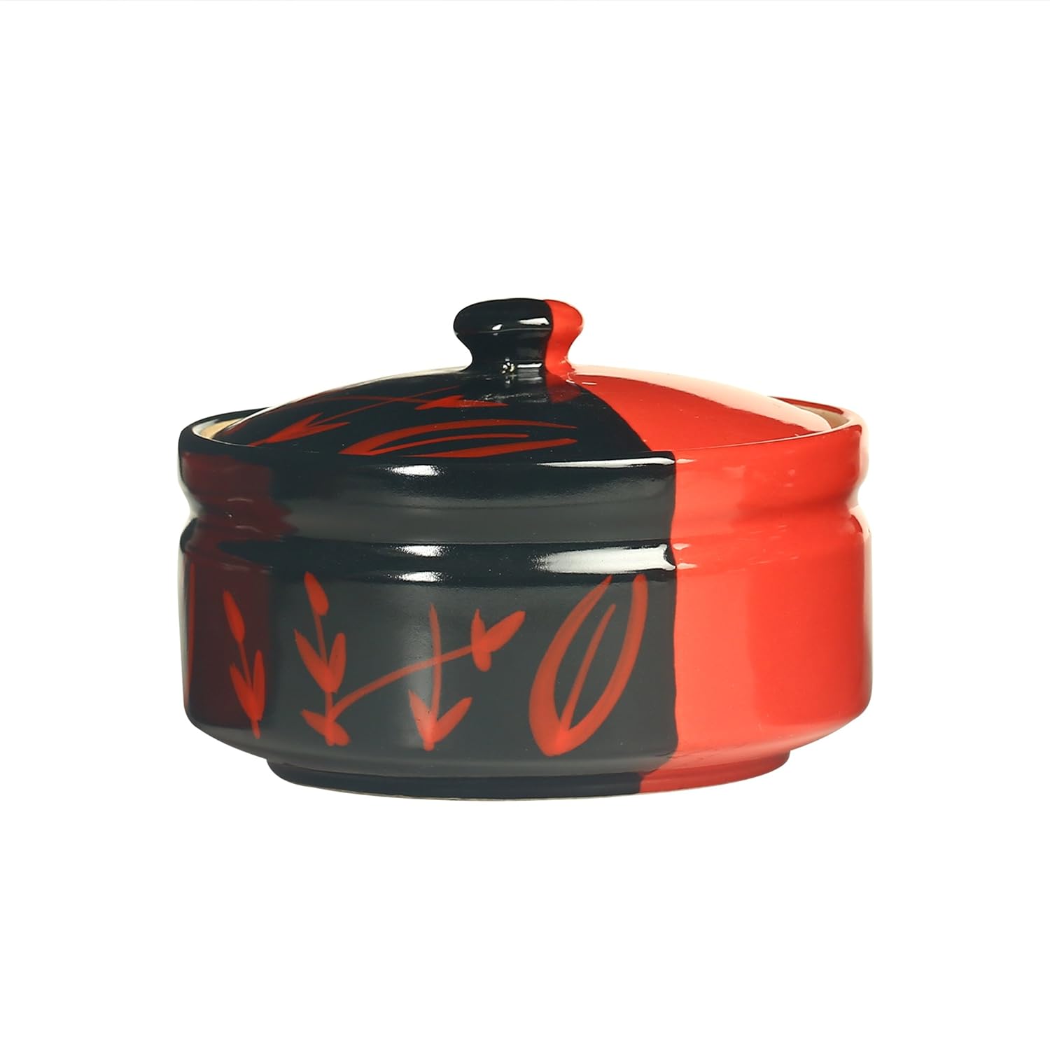 Caffeine Ceramic Handmade Half Red & Black Bamboo Serving Casserole with Lid (Set of 3) - Caffeine Premium Stoneware