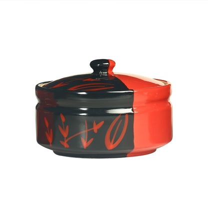 Caffeine Ceramic Handmade Half Red & Black Bamboo Serving Casserole with Lid (Set of 3) - Caffeine Premium Stoneware