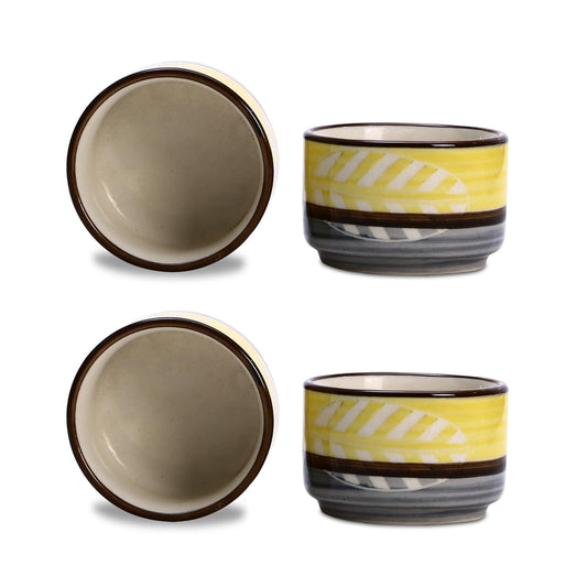 Caffeine Ceramic Handmade Yellow & Grey Leaf Dip and Sauce (Set of 4, 50 ml) - Caffeine Premium Stoneware