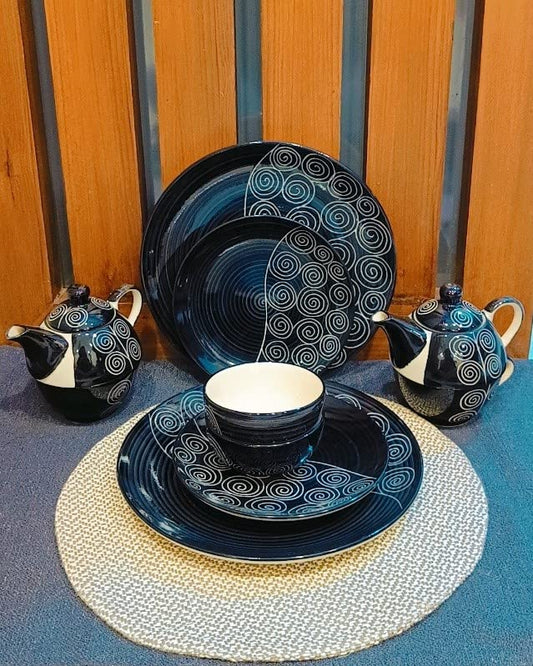 Caffeine Ceramic Handmade Black Doodle Dinner Set of 8 pcs.(2 Dinner Plate, 2 Quarter Plate, 2 Katori Bowl, 2 Tea Pot)