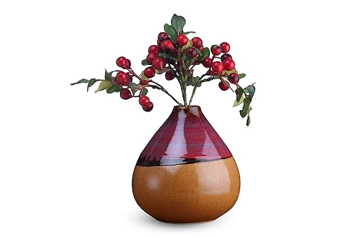 Caffeine Ceramic Handmade Mustard & Red Studio Oval shape Home Decor Flower Vase (1 Pc)