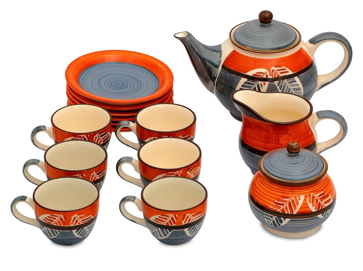 Caffeine Ceramic Handmade Stoneware Orange Leaf Tea Set Set of 15 - Caffeine Premium Stoneware