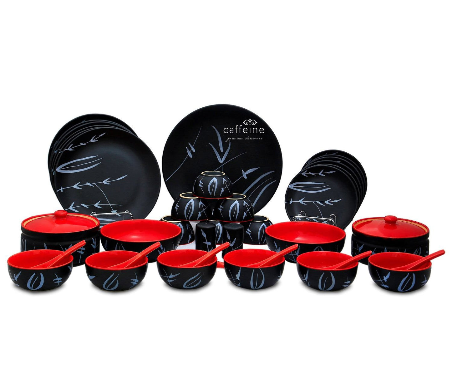 Caffeine Ceramic Handmade Red and Black Bamboo Dinner Set (37 pieces - Microwave & Dishwasher Safe) - Caffeine Premium Stoneware