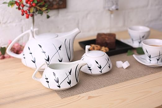 Caffeine Ceramic Handmade White Bamboo Printed Tea Sets (Set of 15 pcs) - Caffeine Premium Stoneware