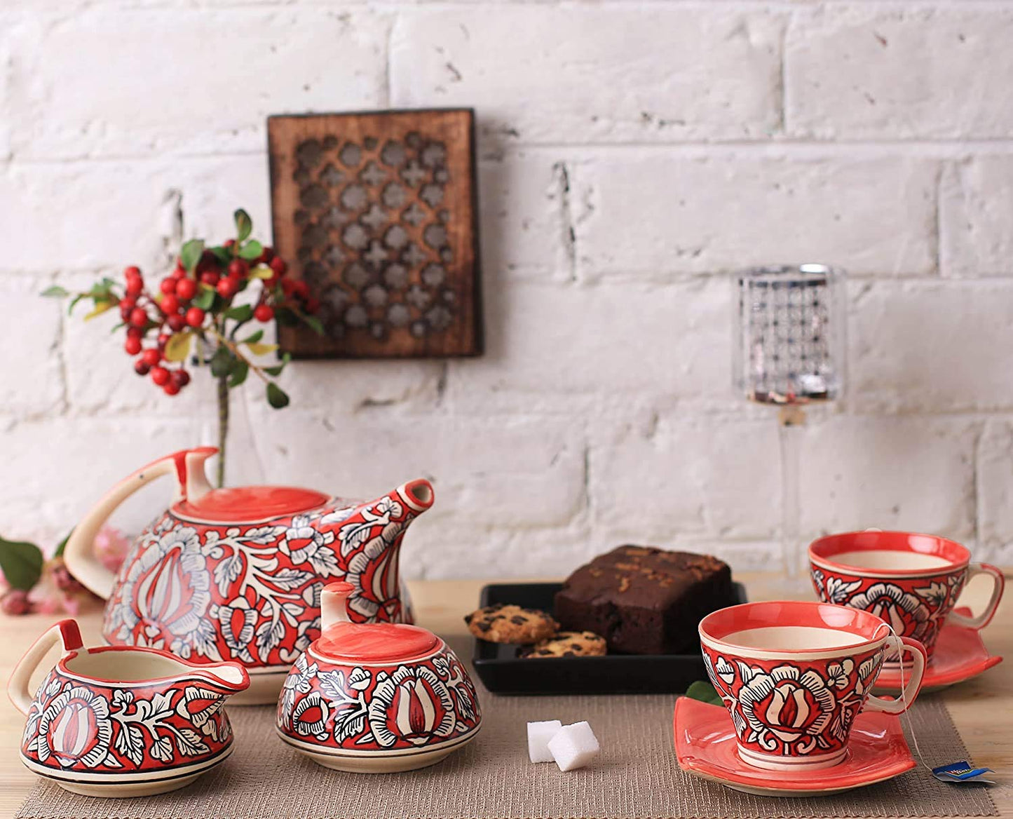 Caffeine Ceramic Handmade Tea Set with Kettle red Mughal Printed Tea Set of 15 - Caffeine Premium Stoneware