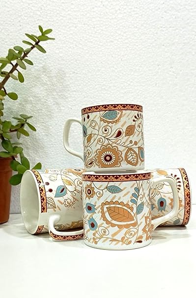 Caffeine Ceramic Handmade White & Gold Floral Tea Cup  set of 4 - Caffeine Premium Stoneware