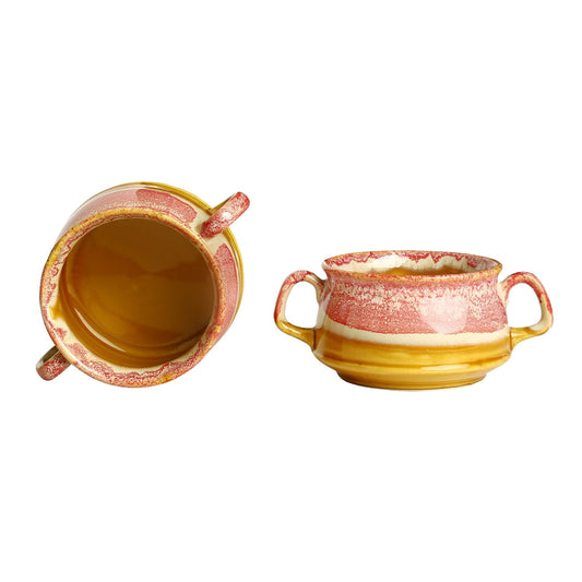 Caffeine Ceramic Pink & mustard Double Handle Soup Bowl with Spoon set of 2 - Caffeine Premium Stoneware
