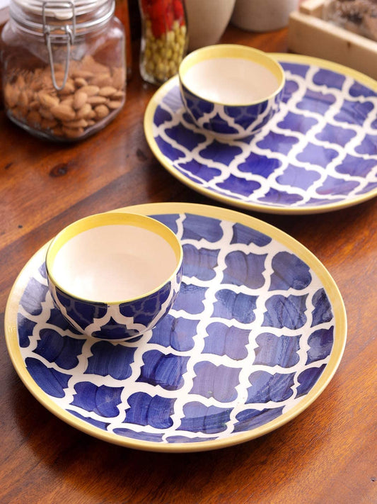 Caffeine Ceramic Handmade Blue Umrao Combo Dinner Set (4 pcs.)