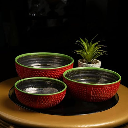 Caffeine Handmade Ceramic Stoneware Red & Green Bubble Serving Bowl (Set of 3) - Caffeine Premium Stoneware