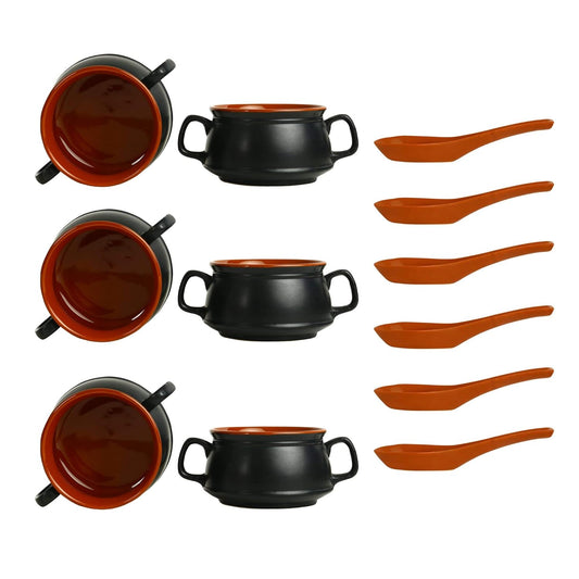 Caffeine Ceramic Handmade Black & Brown Double Handle Soup Bowl with spoon set of 6 - Caffeine Premium Stoneware