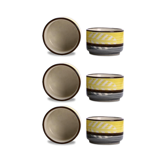 Caffeine Ceramic Stoneware Handmade Yellow & Grey Leaf Round Dip and Sauce (Set of 6, 50 ml) - Caffeine Premium Stoneware