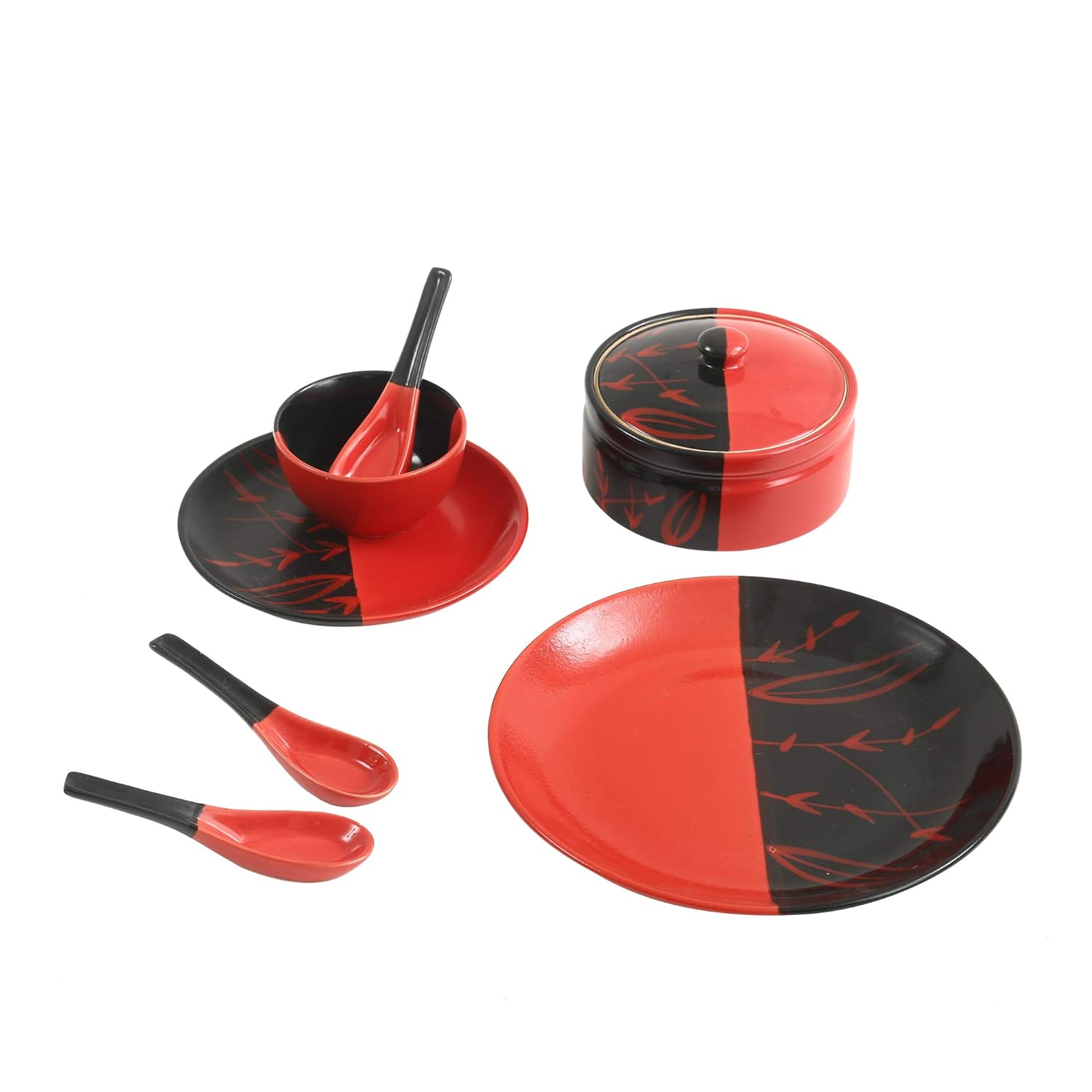 Caffeine Ceramic Handmade Half Red and Black Dinner Set (37 pieces - Microwave & Dishwasher Safe) - Caffeine Premium Stoneware
