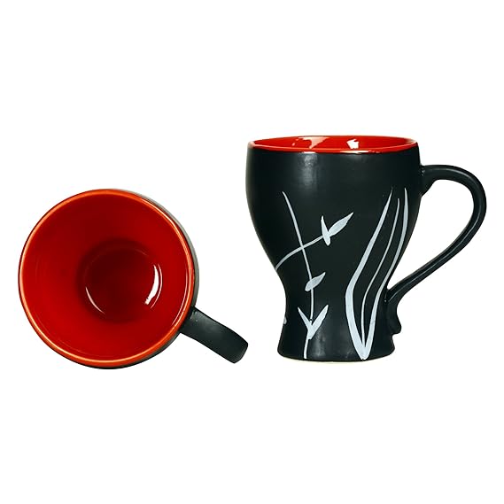 Caffeine Ceramic Handmade Red & Black Leaf Coffee Mug (Set of 4) - Caffeine Premium Stoneware