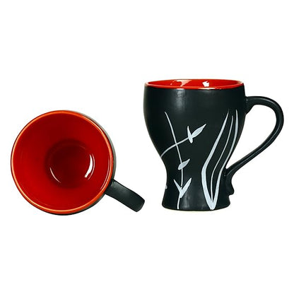 Caffeine Ceramic Handmade Red & Black Leaf Coffee Mug (Set of 4) - Caffeine Premium Stoneware