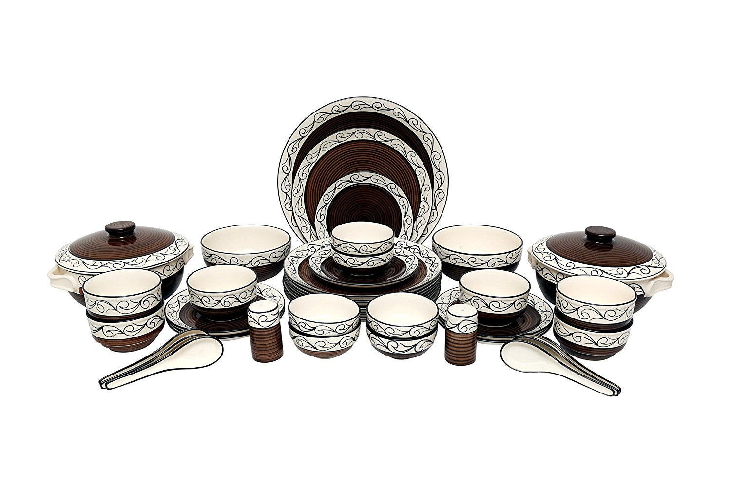 Caffeine Ceramic Handmade Brown Doodle Dinner Set (37 pcs Microwave Safe & Dishwasher Safe) - Caffeine Premium Stoneware