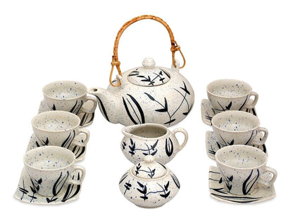 Caffeine Ceramic Handmade Stoneware White Bamboo Style Leaf Printed Tea Set of 15 - Caffeine Premium Stoneware