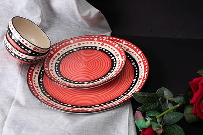 Caffeine Ceramic Handmade Red & Black Dot Combo Dinner Set of 4 Pcs - Caffeine Premium Stoneware