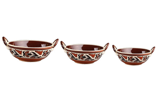 Caffeine Ceramic Handmade Stoneware Brown Flora Serving kadhai (Set of 3 Microwave & Dishwasher Safe) - Caffeine Premium Stoneware