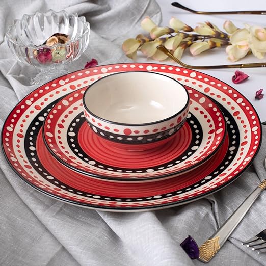 Caffeine Ceramic Handmade Red & Black Dot Combo Dinner Set of 4 Pcs - Caffeine Premium Stoneware