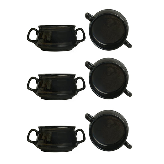 Caffeine Ceramic Handmade Metallic Black Double Handled Soup Bowl with spoon set of 6 - Caffeine Premium Stoneware