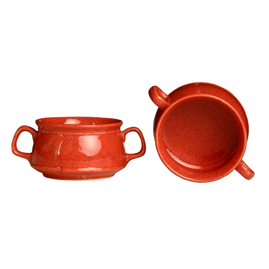 Caffeine Ceramic Handmade Red Double Handle Soup Bowls with Spoon (Set of 2) - Caffeine Premium Stoneware