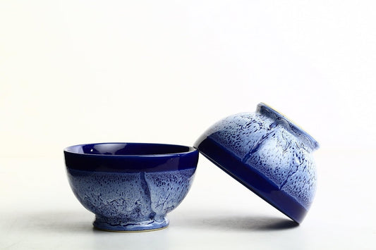 Caffeine Ceramic Handmade Blue Crackle Nut Serving Bowl (Set of 2) - Caffeine Premium Stoneware