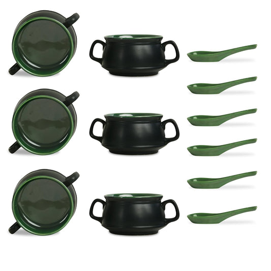 Caffeine Ceramic Handmade Green & Black Double Handle Soup Bowl with spoon set of 6 - Caffeine Premium Stoneware