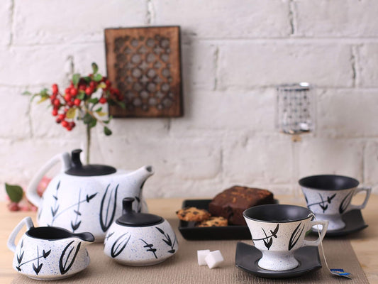 Caffeine Ceramic Handmade Stoneware White & Black Bamboo Tea Set 15pc - Caffeine Premium Stoneware