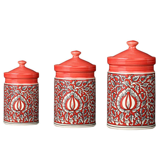 Caffeine Ceramic Stoneware Handmade Red Mughal Barni/Pickle Jar (Set of 3) - Caffeine Premium Stoneware