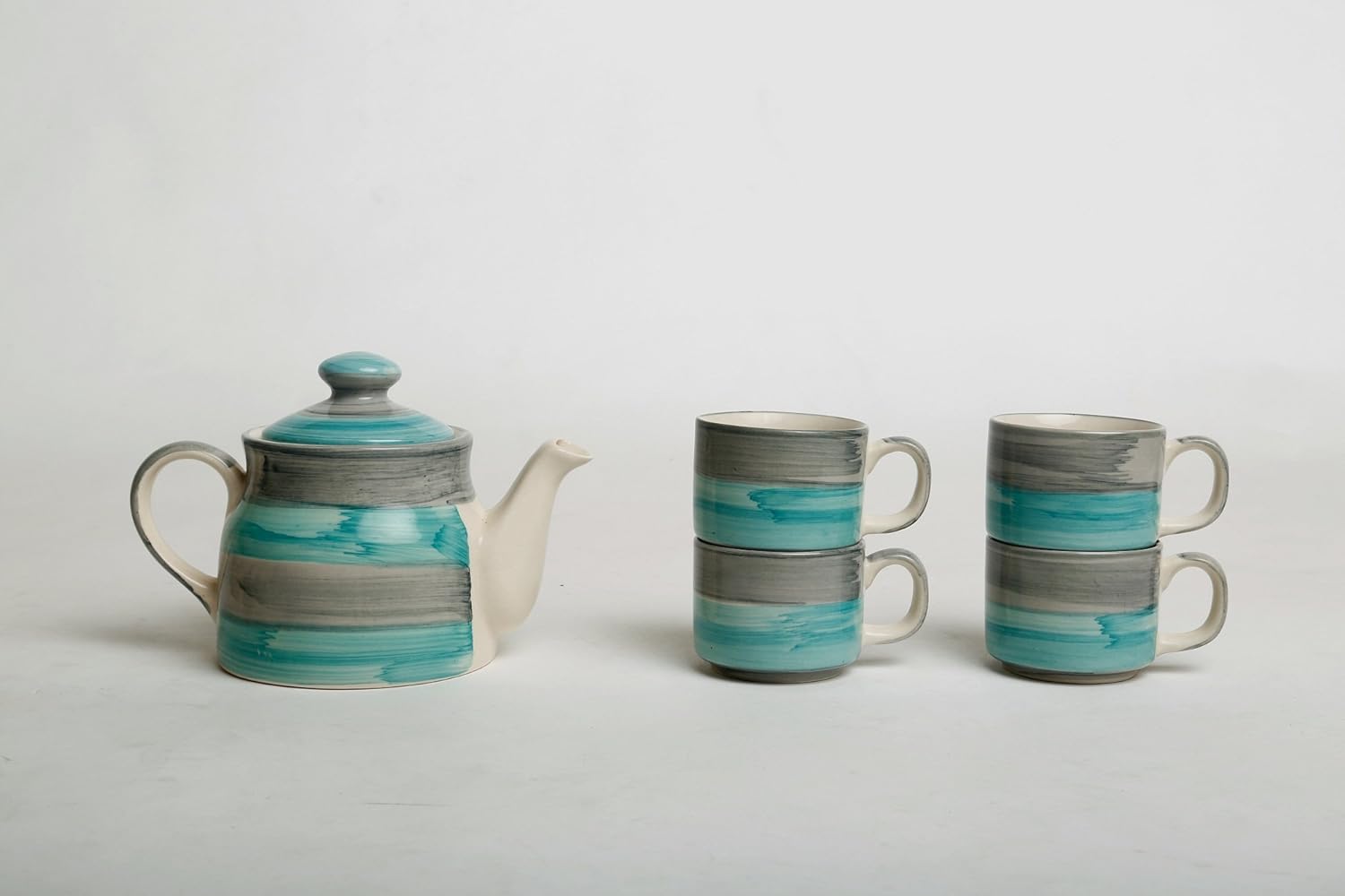 Caffeine Ceramic Handpainted sea Green & Gray Tea Tray Set (6pc) - Caffeine Premium Stoneware