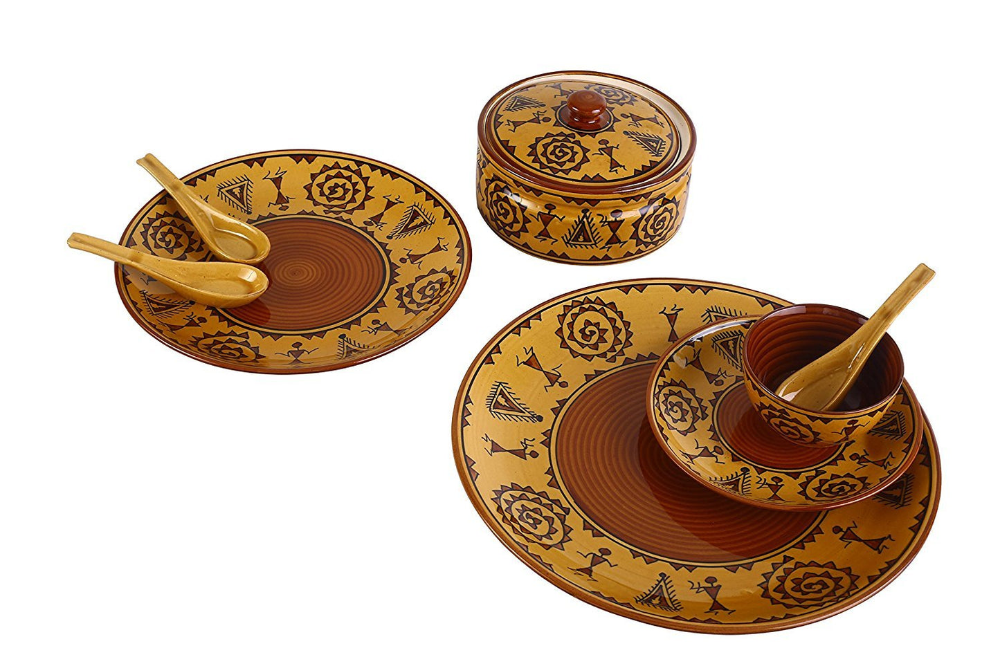 Caffeine Ceramic Handmade Mustard Romani Dinner Set (Set of 19)