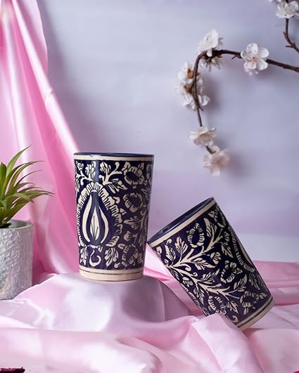 Caffeine Ceramic Stoneware Handmade Blue Mughal Water Glass (Set of 2) - Caffeine Premium Stoneware