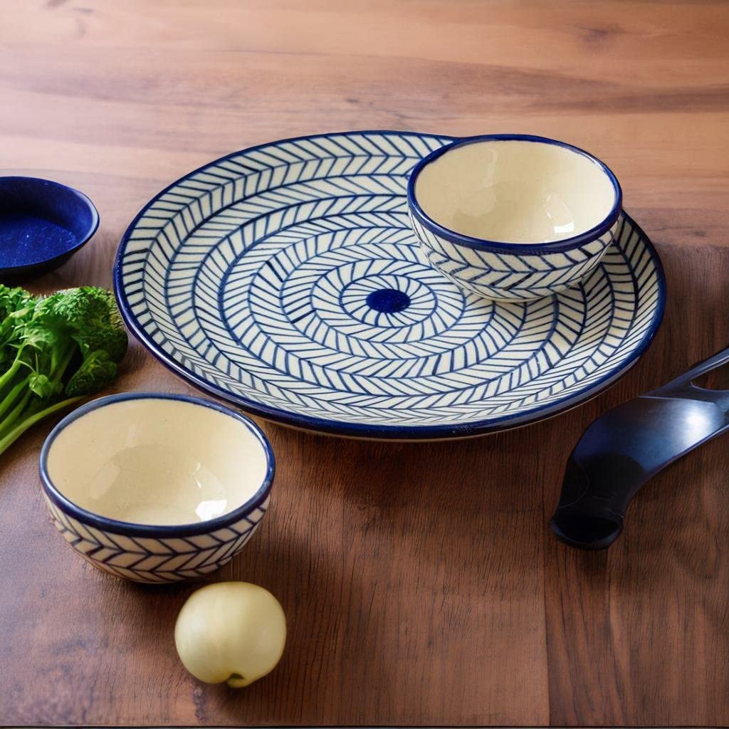 Caffeine Ceramic Handmade Blue Chevron Dinner Set (Set of 3) 1 Dinner Plate & 2 Katori Bowl