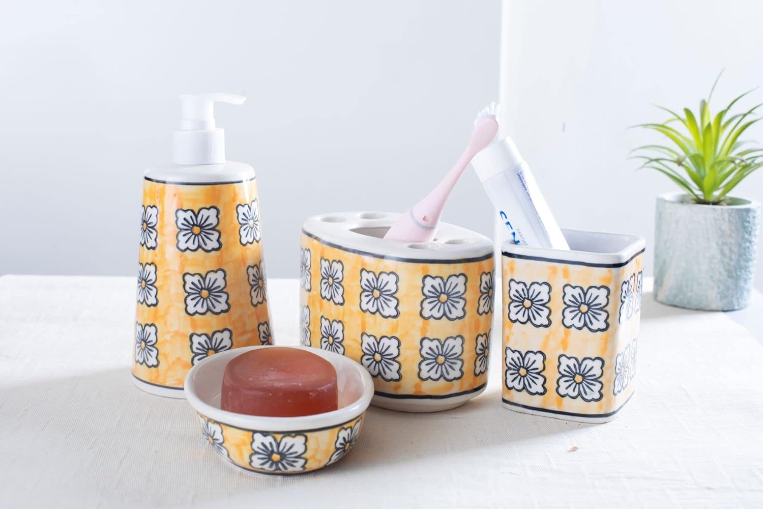 Caffeine Ceramic Stoneware Handmade Bathroom Accessories Set of 4 (Liquid Soap Dispenser,Soap Tray, Toothbrush Holder, Tumbler) - Caffeine Premium Stoneware