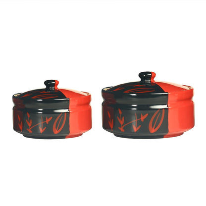 Caffeine Ceramic Handmade Half Red & Black Bamboo Serving Casserole with Lid (Set of 3) - Caffeine Premium Stoneware