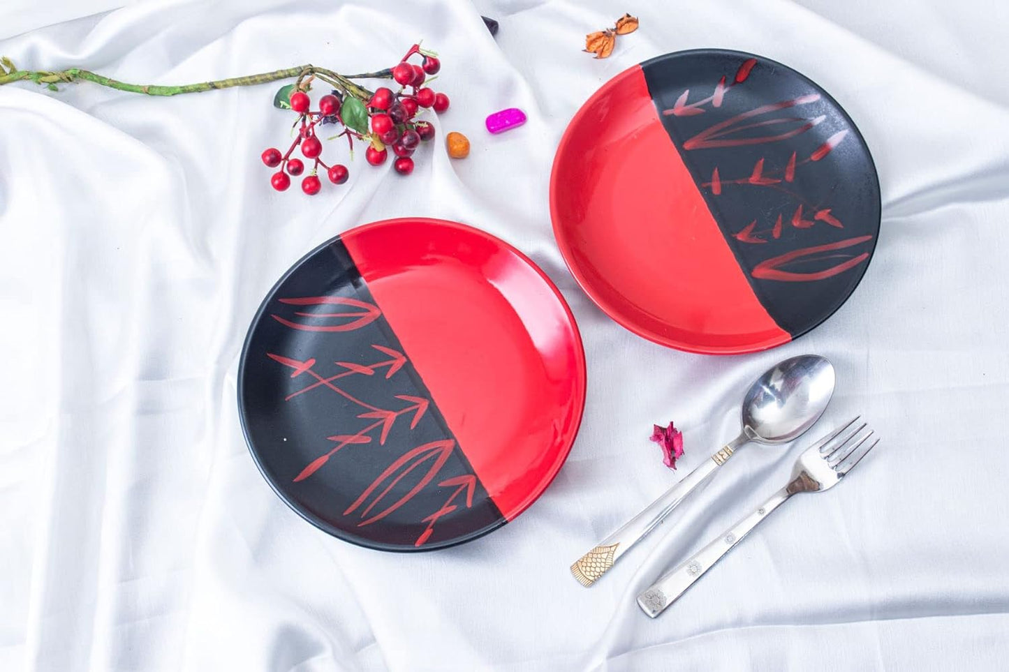 Caffeine Ceramic Handmade Black & Red Combo Dinner Set (8) - Caffeine Premium Stoneware