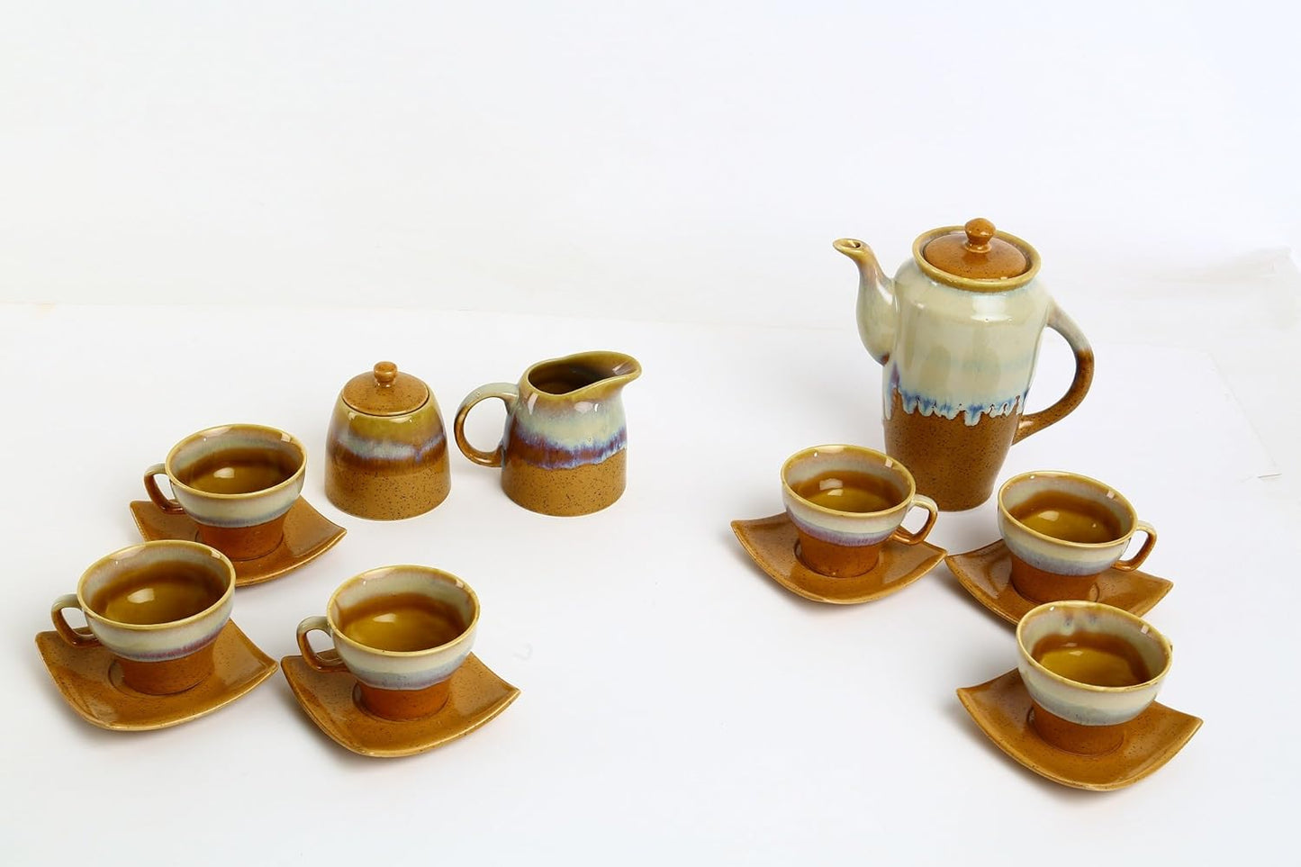 Caffeine Ceramic Handmade Cream and Mustard Studio Tea Set - (15 pcs) - Caffeine Premium Stoneware