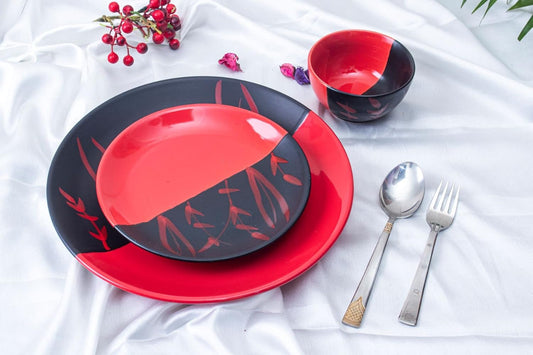 Caffeine Ceramic Handmade Black & Red Combo Dinner Set (3 pcs)