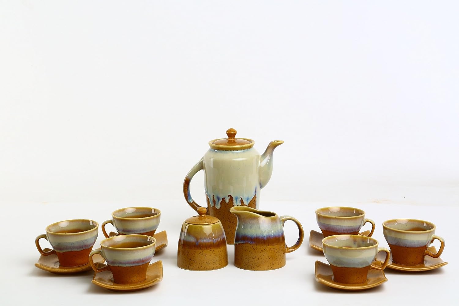 Caffeine Ceramic Handmade Cream and Mustard Studio Tea Set - (15 pcs) - Caffeine Premium Stoneware