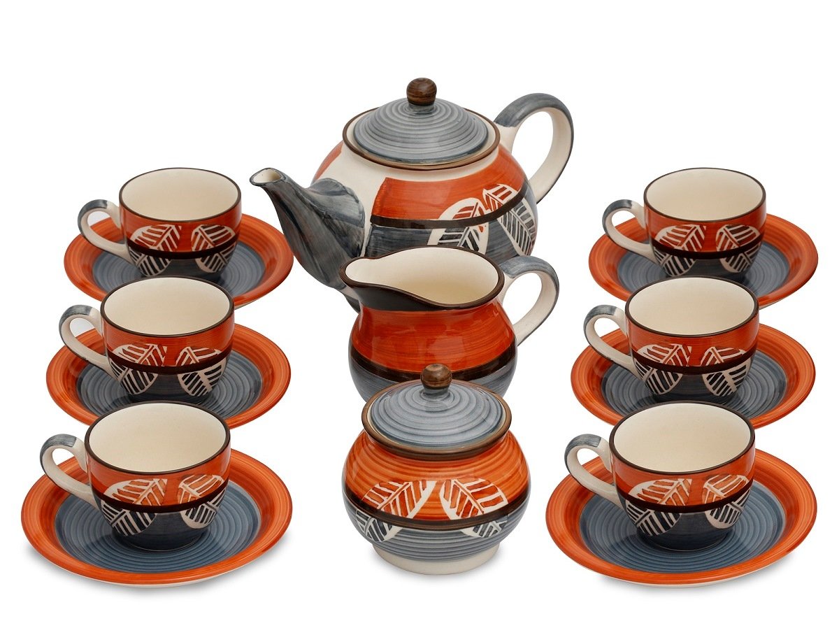 Caffeine Ceramic Handmade Stoneware Orange Leaf Tea Set Set of 15 - Caffeine Premium Stoneware